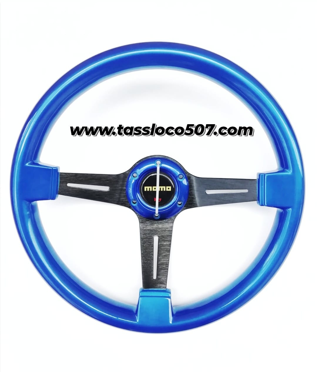 Timón Momo – Azul ( Aspas Negras ) Semi Concavo